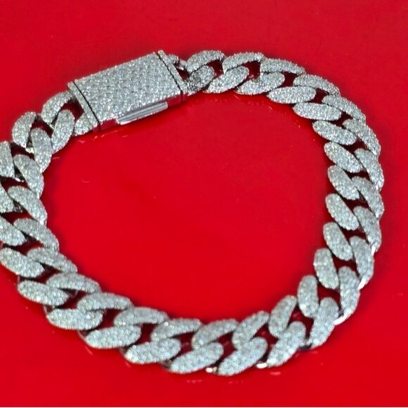 925 Sterling Silver Unisex Cuban Link Bracelet 7" with Real Moissanite Gem - Picture 8 of 12